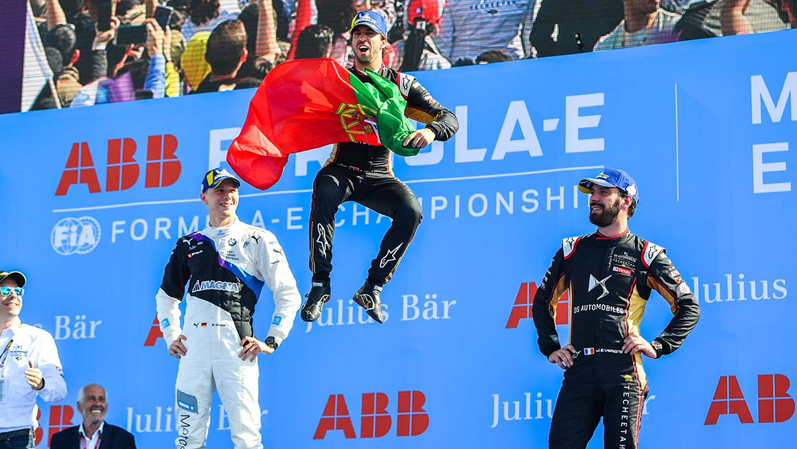 CIRCUIT INTERNATIONAL AUTOMOBILE MOULAY EL HASSAN MARRAKESH, MOROCCO - FEBRUARY 29: Antonio Felix da Costa (PRT), DS Techeetah, DS E-Tense FE20, 1st position, Maximilian GÃ¼nther (DEU), BMW I Andretti Motorsports, 2nd position, and Jean-Eric Vergne (FRA), DS Techeetah, DS E-Tense FE20, 3rd position during the Marrakesh E-prix at Circuit International Automobile Moulay El Hassan Marrakesh on February 29, 2020 in Circuit International Automobile Moulay El Hassan Marrakesh, Morocco. (Photo by Simon Galloway / LAT Images)